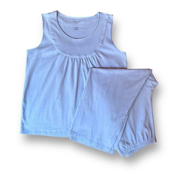 CuddleDown Womens Pajama Set Sz Medium Blue Cotton Satin Trim 2 Pc PJs Crop Pant - Picture 1 of 8